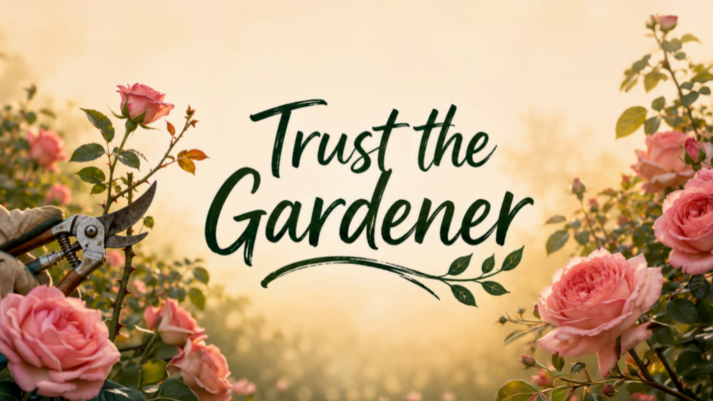Rose bushes with a golden glow behind them. A gardener uses pruning shears on one of the branches. Text says, "Trust the Gardener."