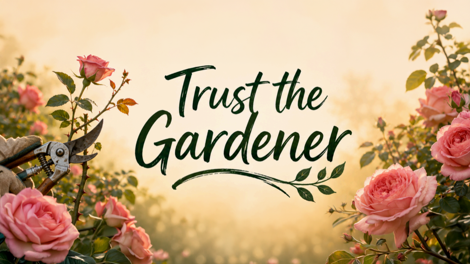 Rose bushes with a golden glow behind them. A gardener uses pruning shears on one of the branches. Text says, "Trust the Gardener."