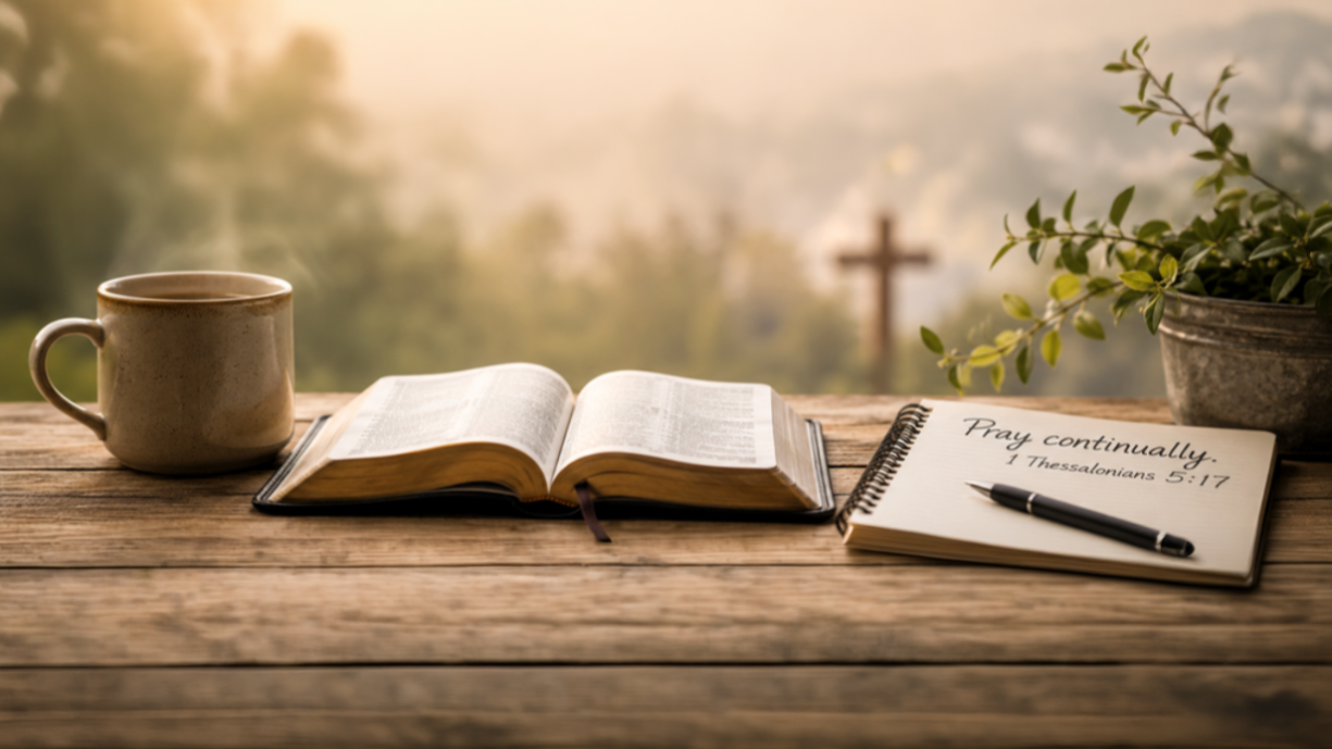 An open Bible, a steaming mug, and a spiral notebook with a pen rest on a rustic wooden table overlooking a soft, misty landscape. The notebook displays the handwritten text, "Pray continually. 1 Thessalonians 5:17." In the blurred background, a simple wooden cross stands amidst the greenery under a warm, hazy sky.