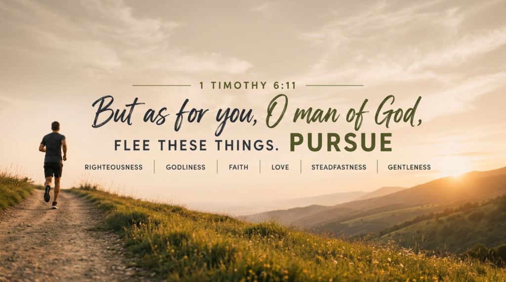 1 Timothy 6:11 &ndash; But as for you, O man of God, flee these things. Pursue righteousness, godliness, faith, love steadfastness, gentleness.